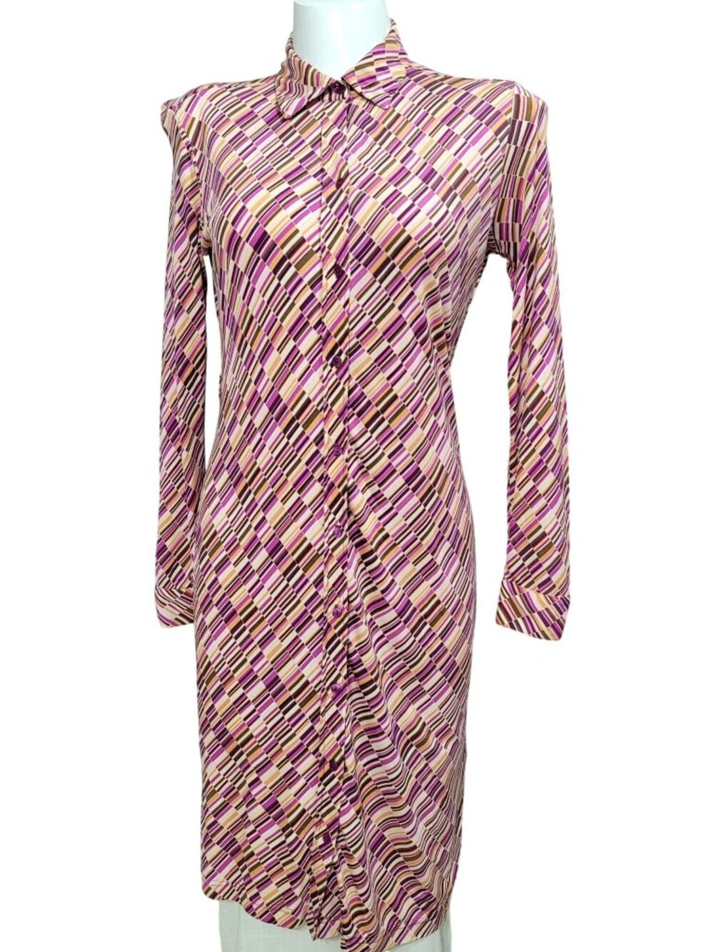 The Limited 100% Silk Multicolor Vintage-Style Shirt Dress M Long Sleeve Button
